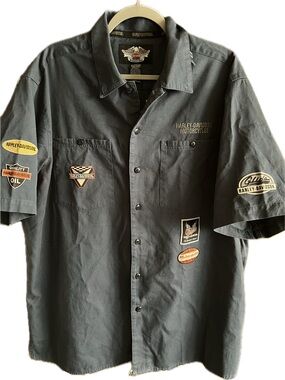 Harley-Davidson Navy Blue Gray Short-Sleeve Button-Up Shirt with Logo Patches